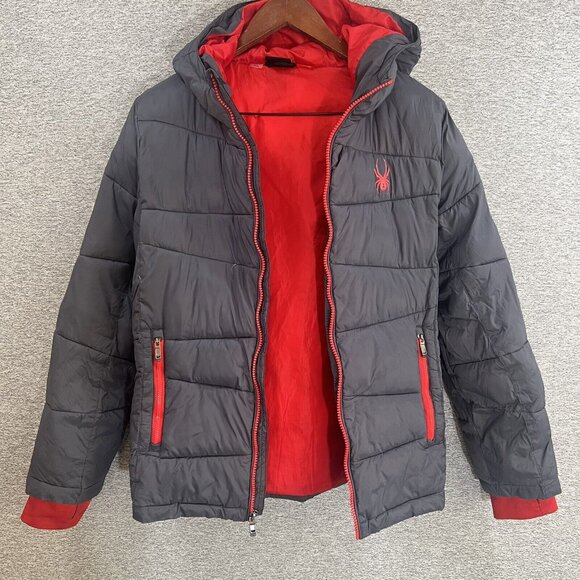 Spyder Boys Dark Gray Red Puffer Full Zip Jacket Hoodie Pockets Size L (14-16) - Picture 14 of 16